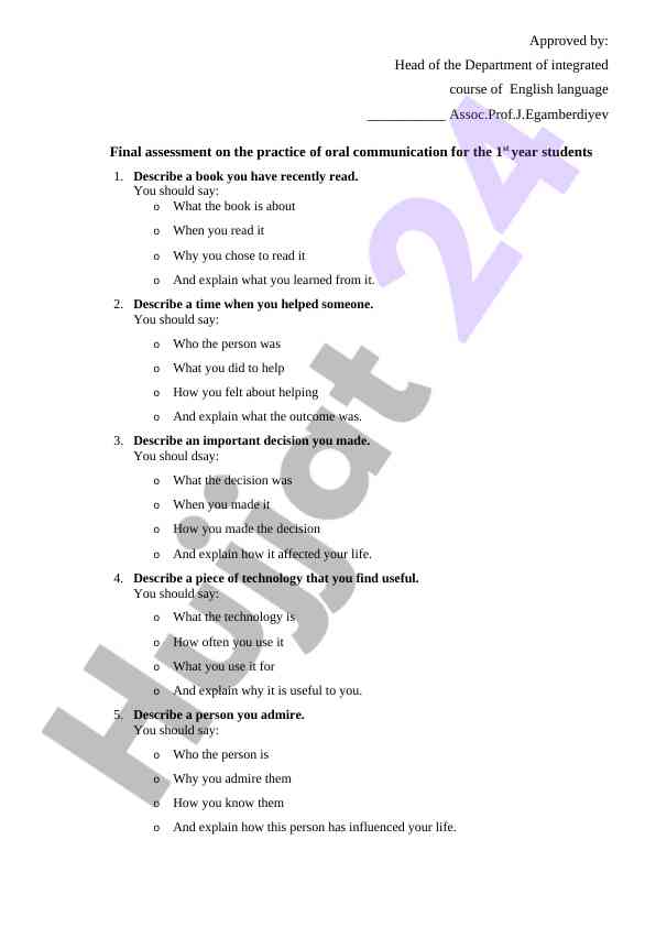 Final assessment practice for oral communication skills