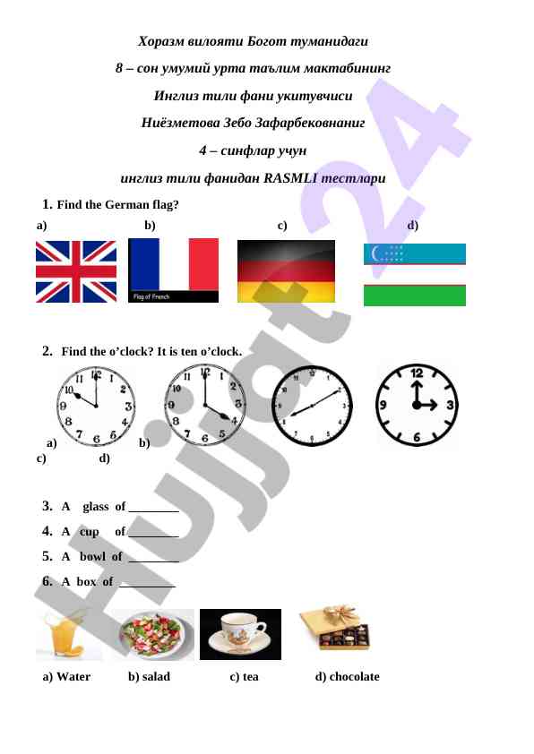 Ingliz tili fanidan rasmli testlar 4-sinf uchun