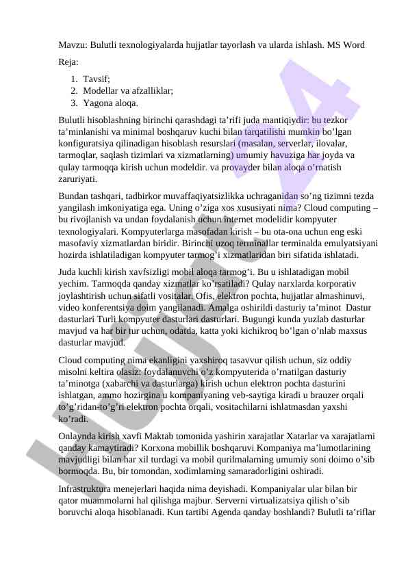 Bulutli texnologiyalar va hujjatlar tayyorlash