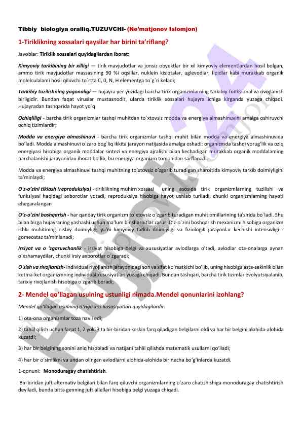 Tiriklik xossalari va tibbiy biologiya asoslari