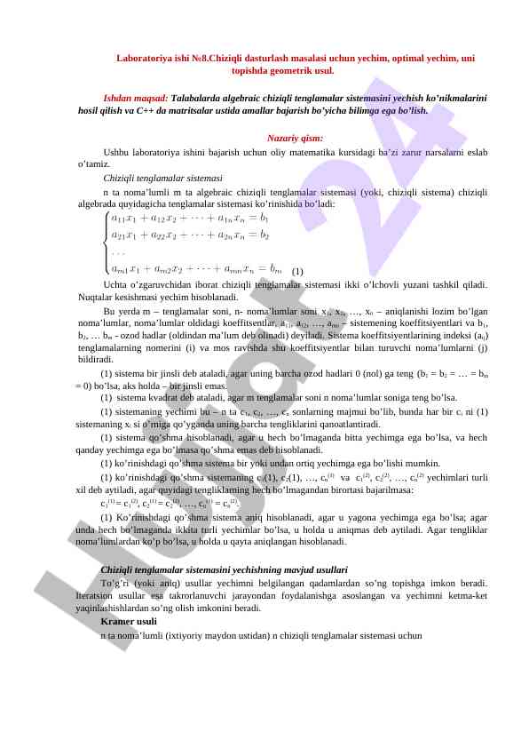 Chiziqli dasturlash masalalari bo'yicha laboratoriya ishlari