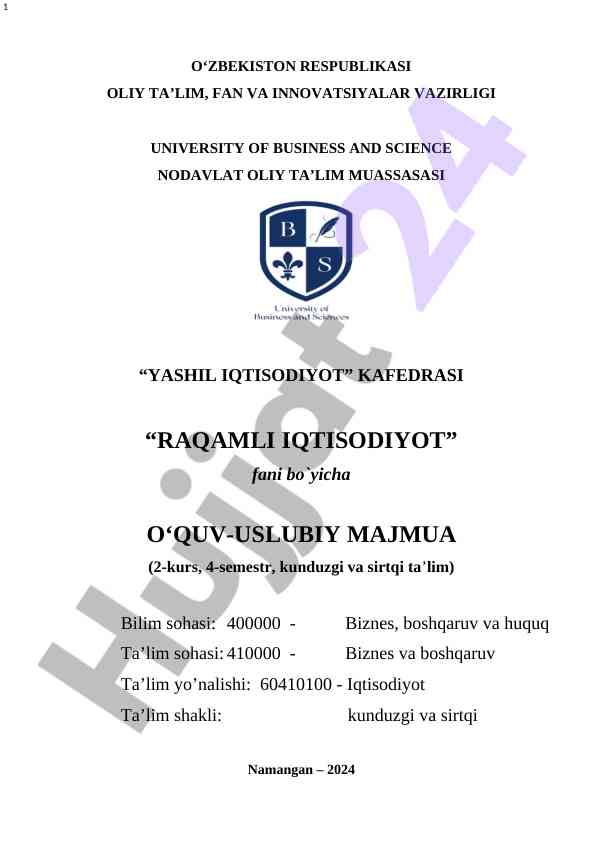 Raqamli iqtisodiyot faniga o‘quv-uslubiy majmua
