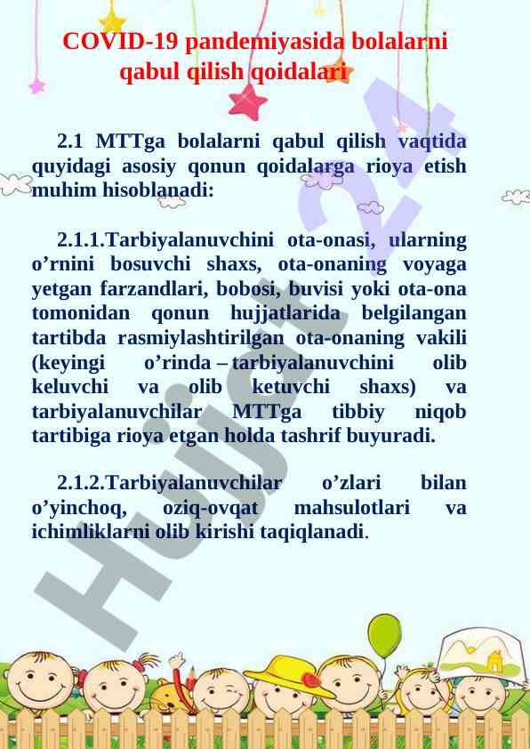 Bolalarni qabul qilish qoidalari covid-19 davrida