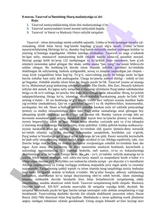 Tasavvuf taʼlimotining sharq madaniyatiga ta'siri