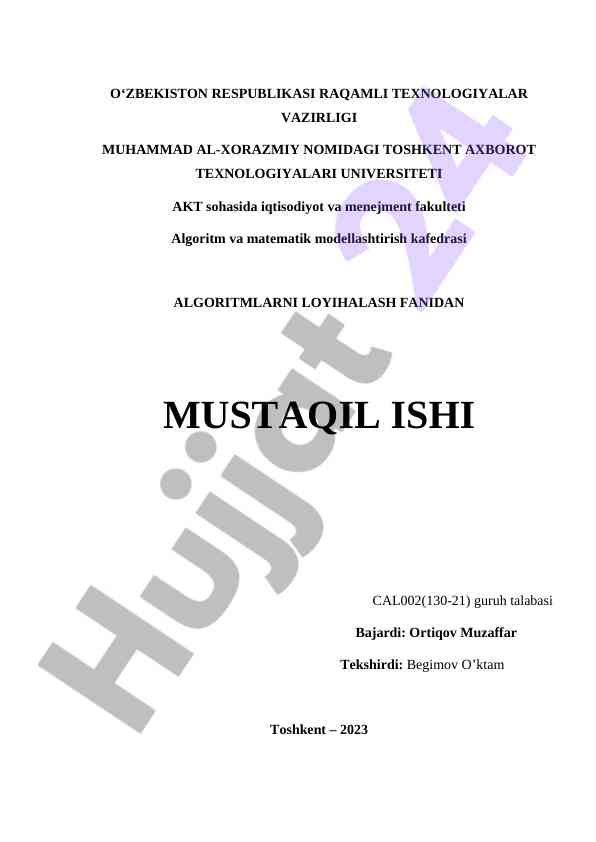 Algoritm va matematik modellashtirish fanidan mustaqil ish