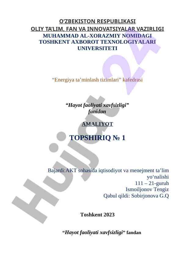 Hayot faoliyati xavfsizligi fani amaliyot topshiriq