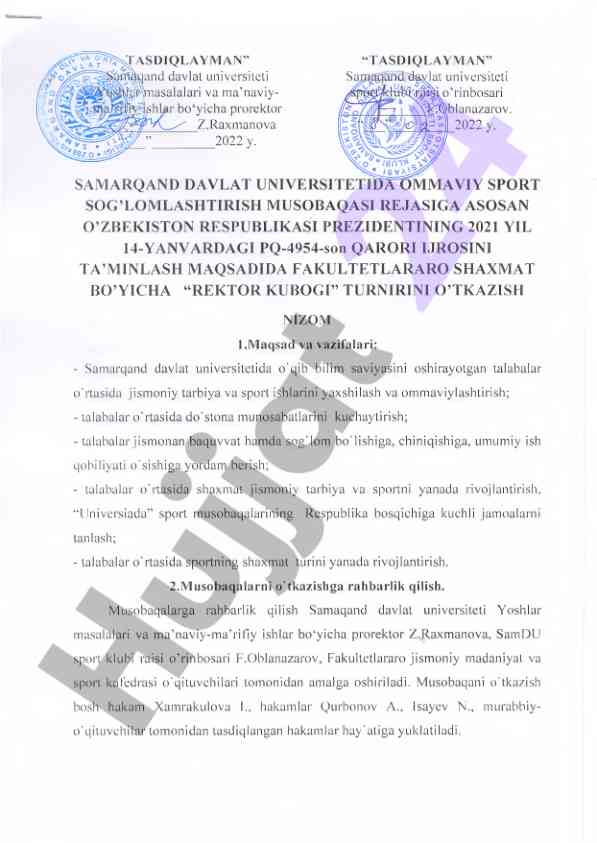 Shaxmat bo'yicha rektor kubogi turniri rejasi