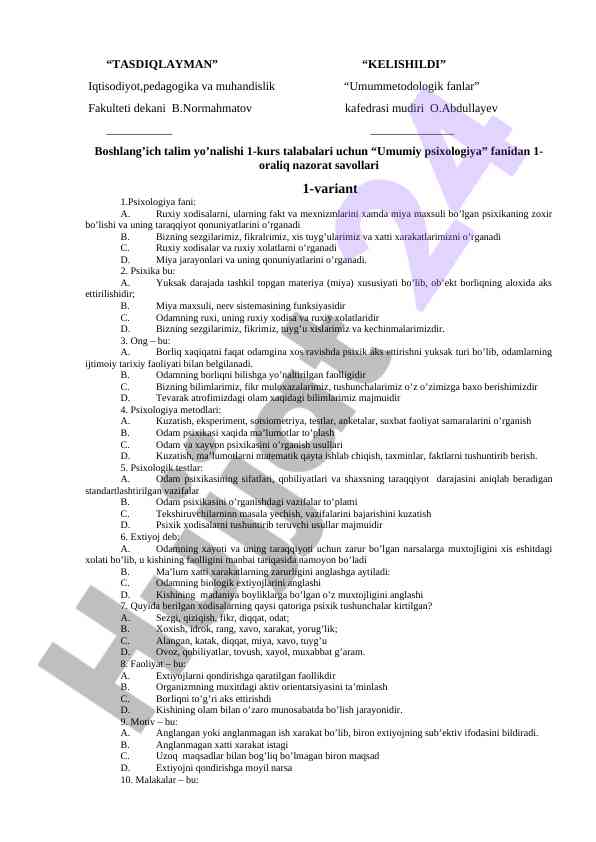 Umumiy psixologiya fanidan 1-oraliq nazorat savollari