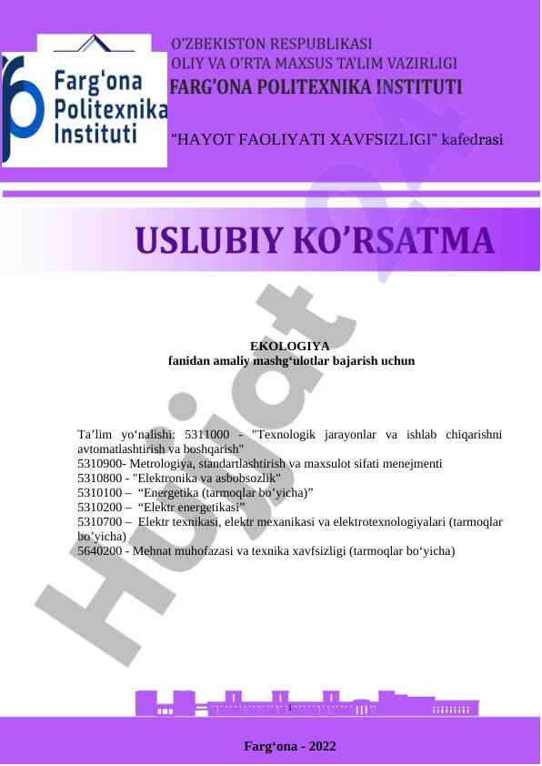Ekologiya fanidan amaliy mashg‘ulotlar uslubiy ko’rsatma