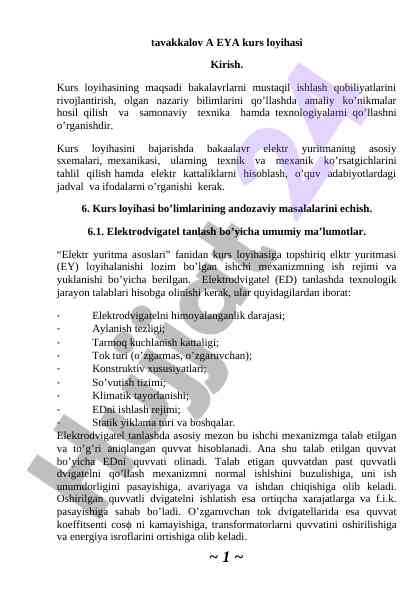 Kurs loyihasi elektr yuritmalarni o'rganish