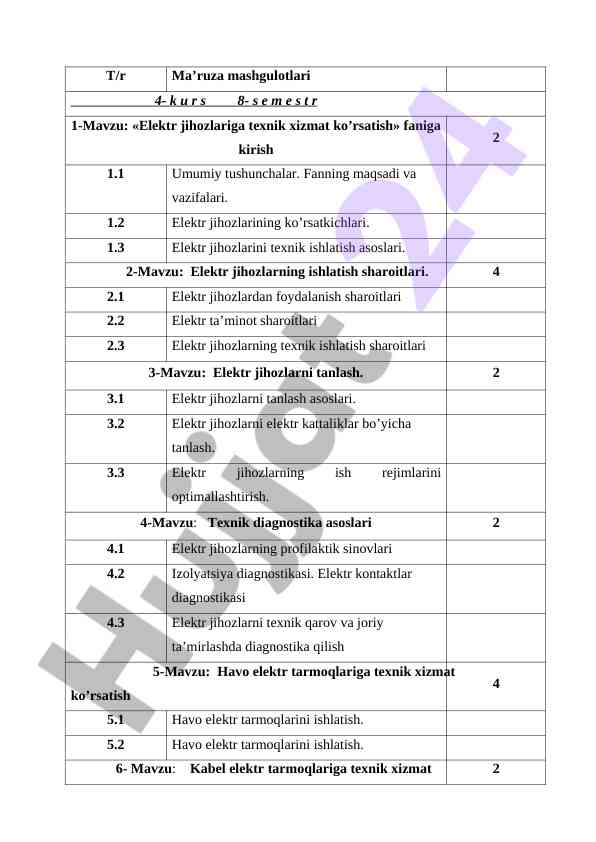 Elektr jixozlariga texnik xizmat ko’rsatish