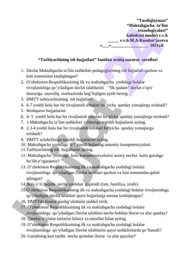 Tarbiyachining ish hujjatlari oraliq nazorat savollari