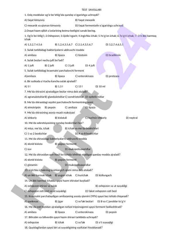 Oziq moddalar va ovqat hazm qilish test savollari