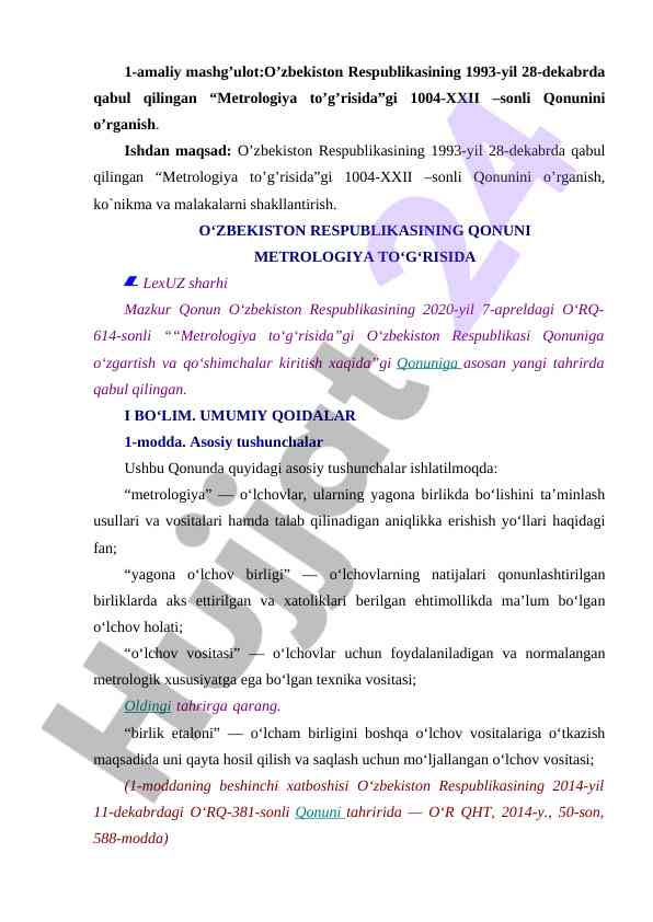 Metrologiya to‘g‘risida qonunni o‘rganish