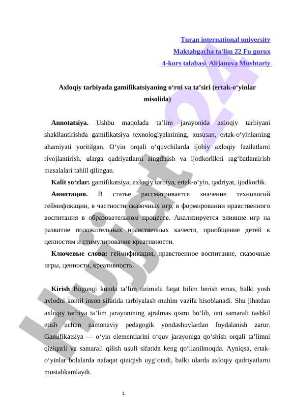 Gamifikatsiyaning axloqiy tarbiyada o‘rni