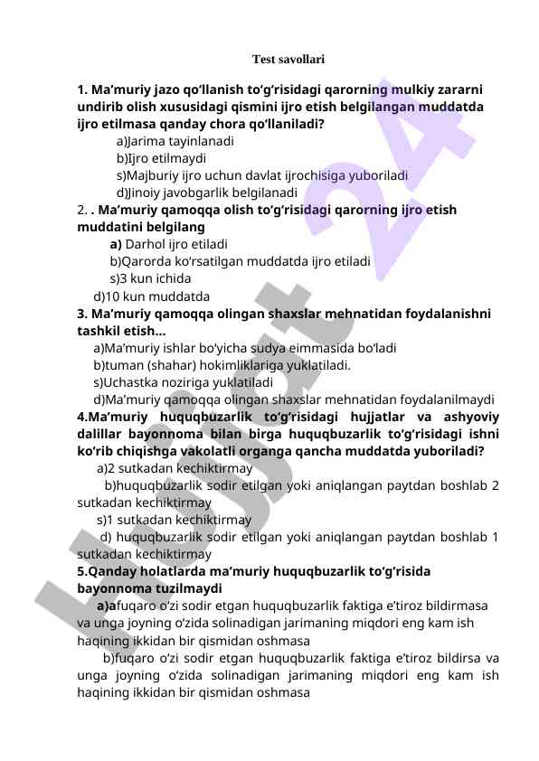 Ma'muriy huquq bo'yicha test savollari