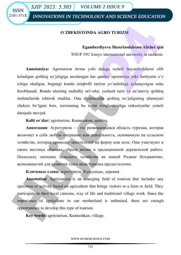 Agroturizmning o‘zbekistondagi rivojlanishi
