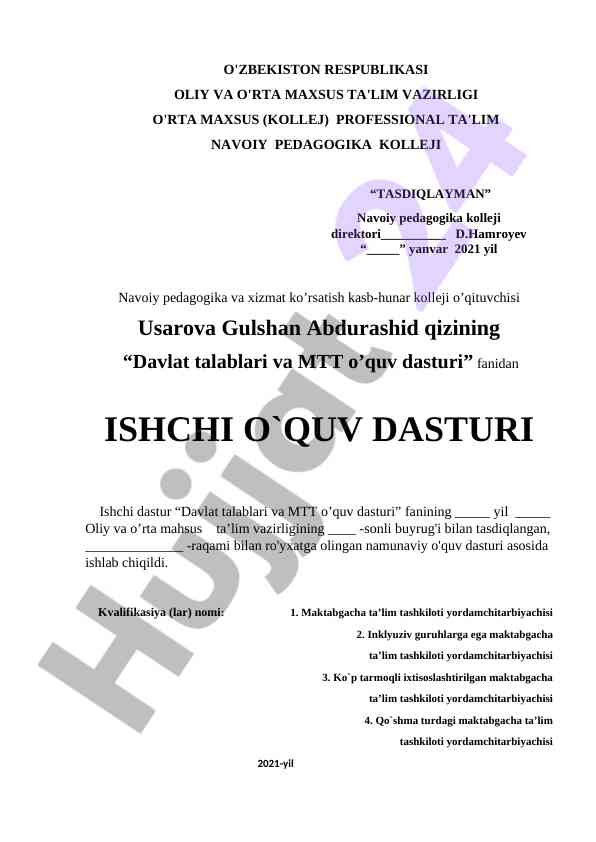 Davlat talablari va mtt o‘quv dasturi ishchi dasturi