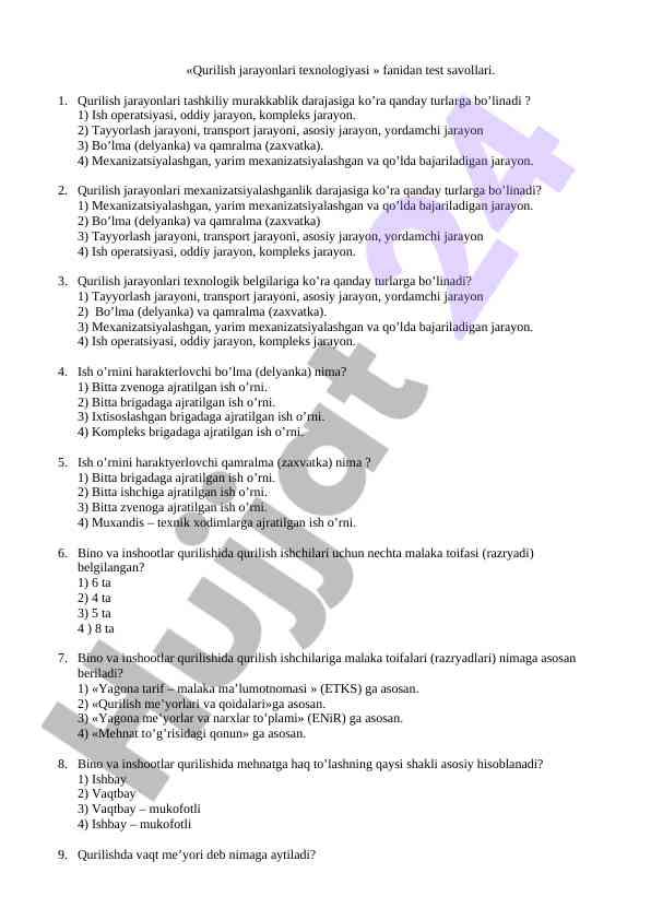 Qurilish Jarayonlari Texnologiyasi Test Savollari