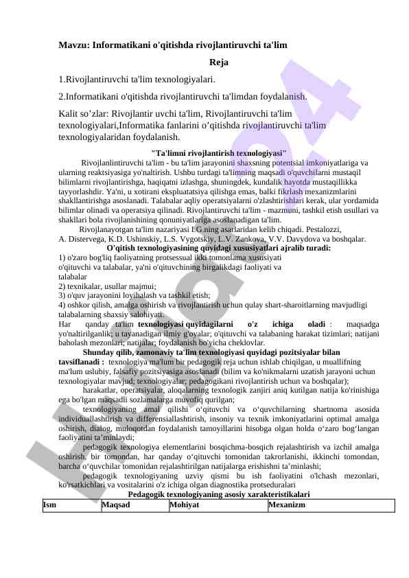 Informatikani o'qitishda rivojlantiruvchi ta'lim