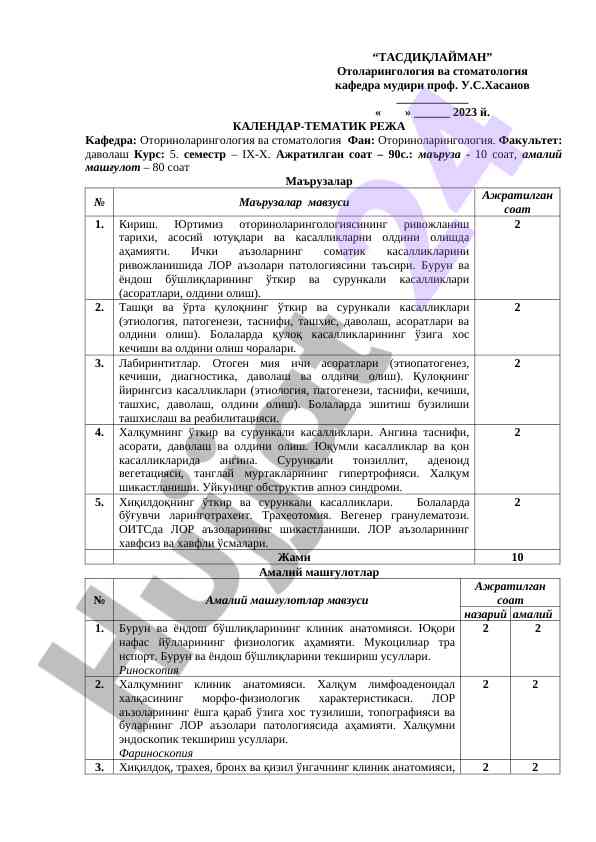 Kalendар-tematik reja otorinolaringologiya