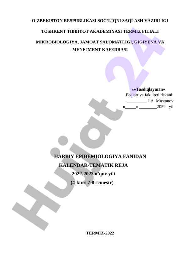 Harbiy epidemiologiya fanidan kalendar-tematik reja