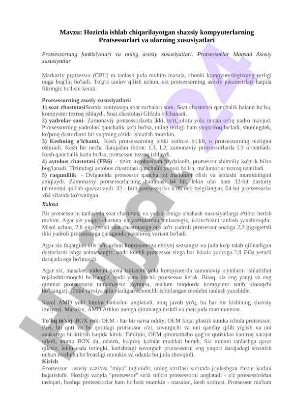 Shaxsiy kompyuter protsessorlari xususiyatlari