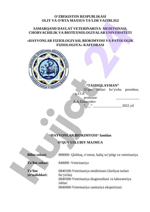 Hayvonlar biokimyosi o‘quv usuliy majmua 2022