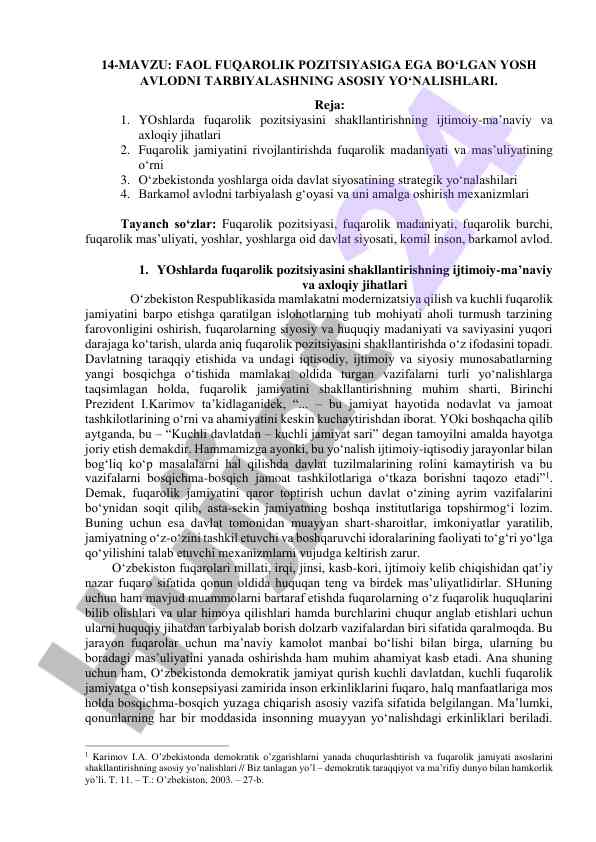 Faol fuqarolik pozitsiyasi ega bo‘lgan yoshlarni tarbiyalash