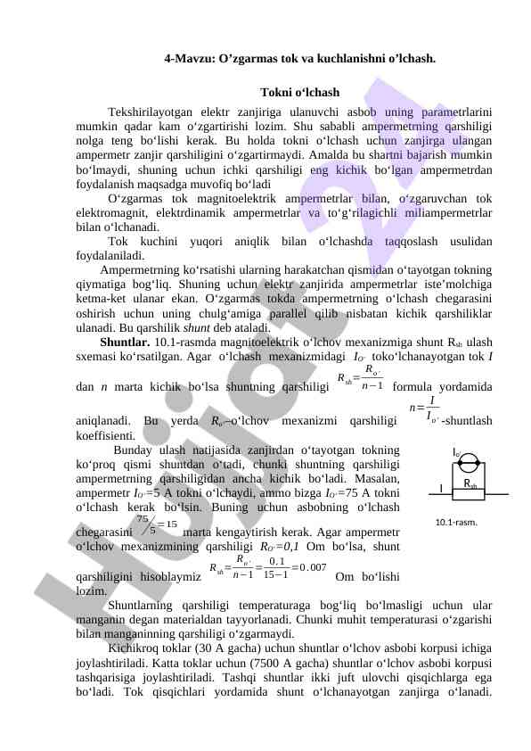 O’zgarmas tok va kuchlanishni o’lchash metodlari