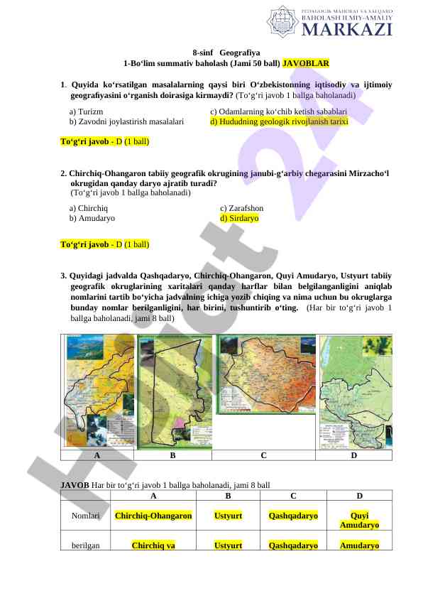 8-sinf geografiya summativ baholash savollari