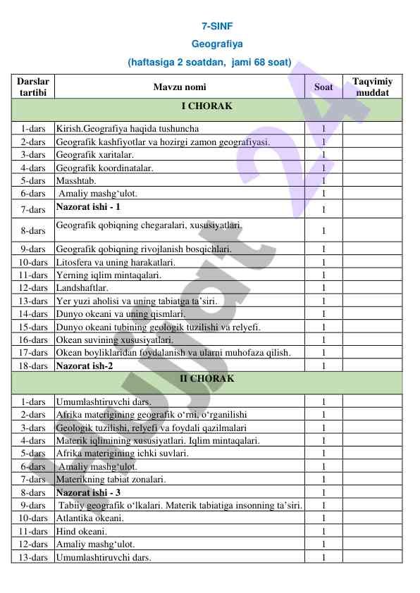 7-sinf geografiya darslar tartibi rejasi