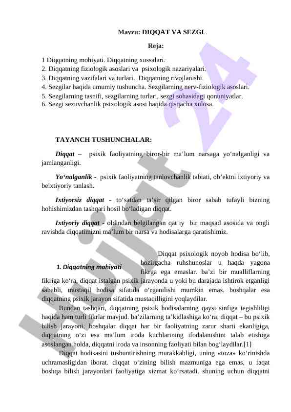 Diqqat va sezgi dars rejasi