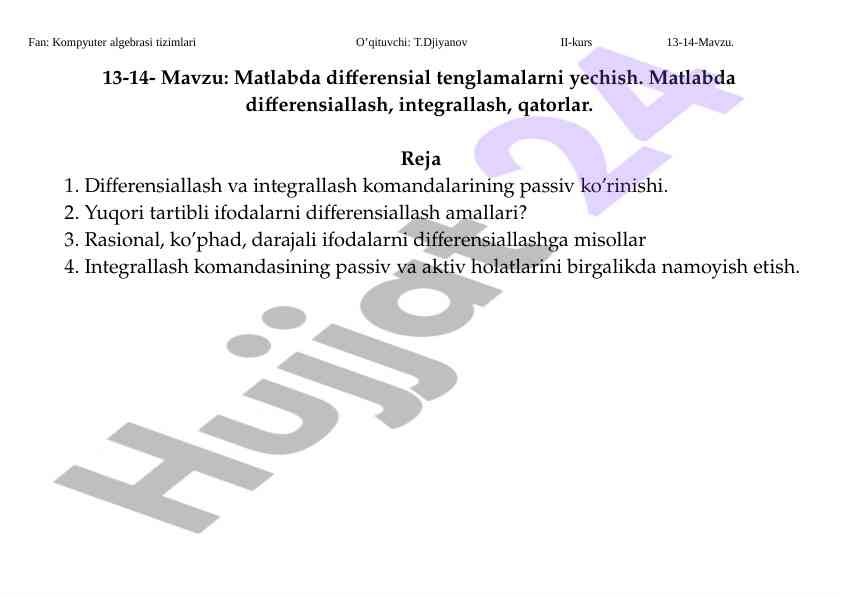 Matlabda differensial tenglamalarni yechish usullari
