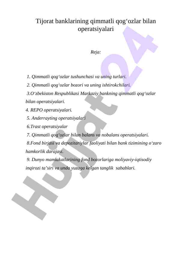 Tijorat banklarining qimmatli qog'ozlar bozori tahlili