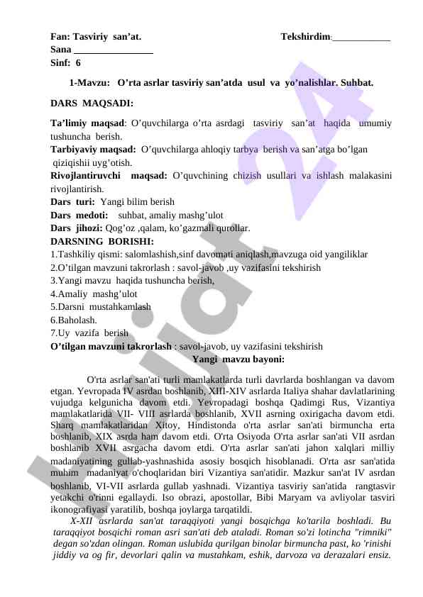 O‘rta Asrlar Tasviriy San’atda Usul Va Yo‘nalishlar