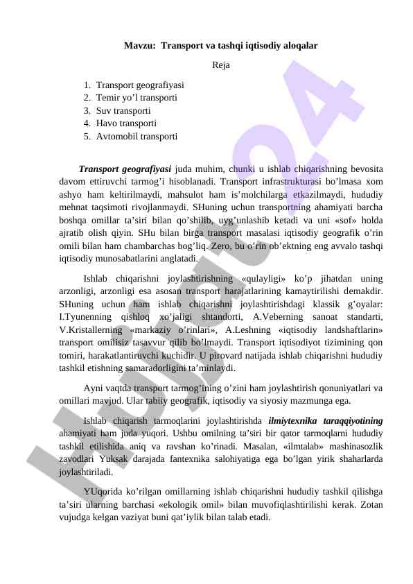 Transport va tashqi iqtisodiy aloqalar mavzusi