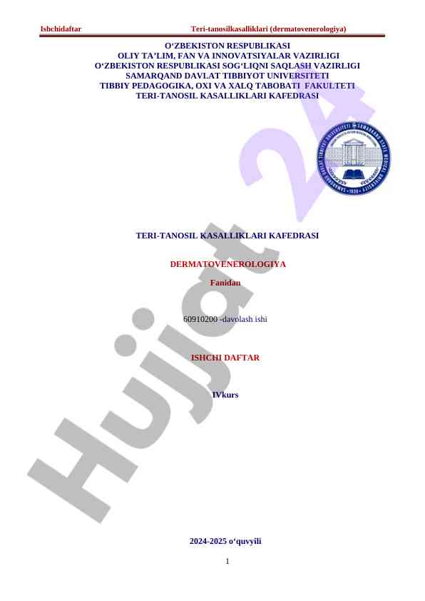 Dermatovenerologiya fanidan davolash ishlari bo‘yicha kurs