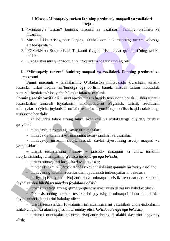 Mintaqaviy turizm fanining maqsadlari va vazifalari