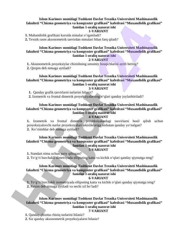 Muhandislik grafikasi 1-oraliq nazorat ishlari