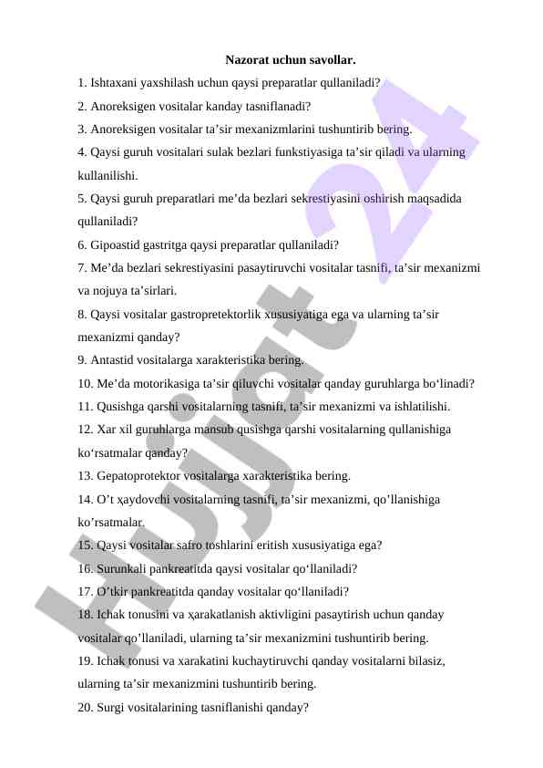 Nazorat savollari yana anoreksigen vositalar