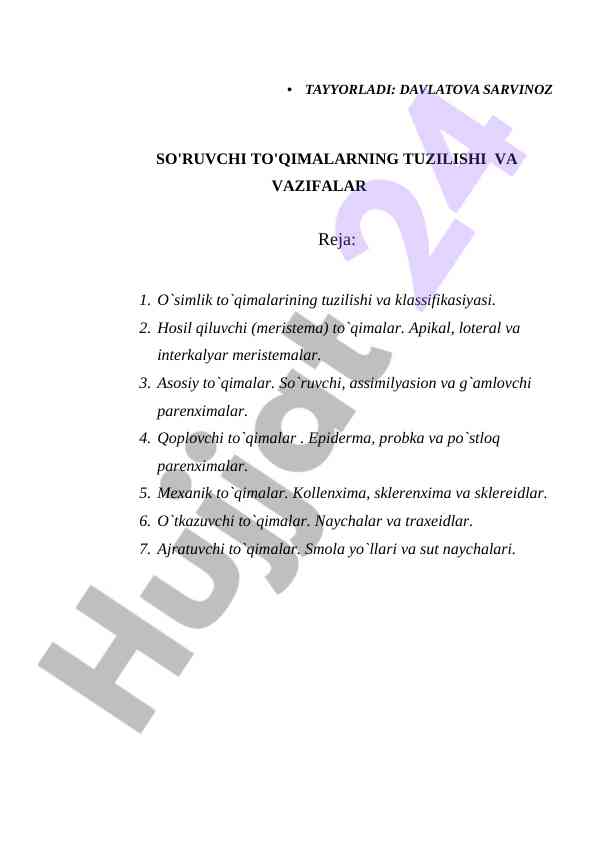 O‘simlik to‘qimalarining tuzilishi va tasnifi