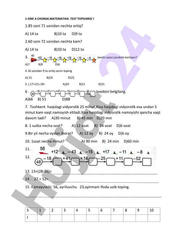 Matematika va ona tili test topshiriqlari