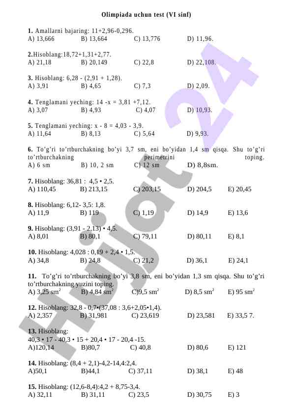 Olimpiada testi vi sinf matematikasi