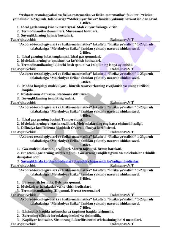 Molekulyar fizika fanidan yakuniy nazorat savollari