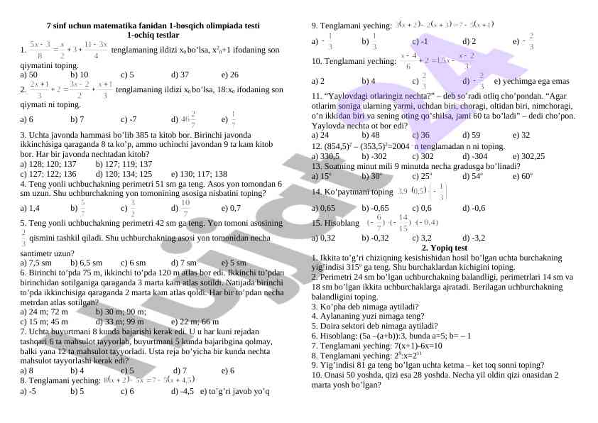 7 sinf matematika fanidan olimpiada testi