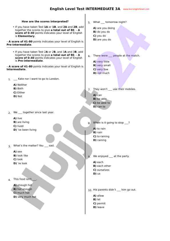 English level assessment test instructions