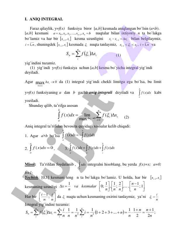 Aniq integral hisobi va xossalari