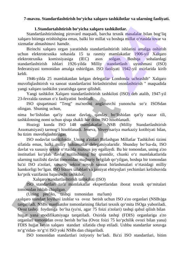 Xalqaro standartlashtirish tashkilotlari faoliyati