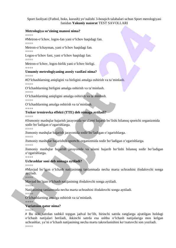 Sport merologiyasi fanidan yakuniy nazorat test savollari